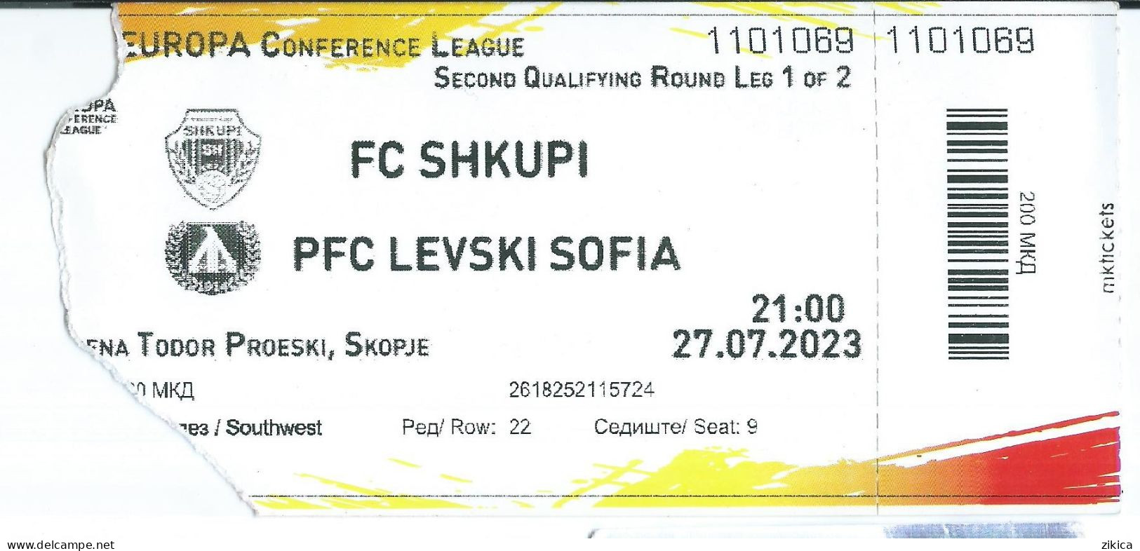 Ticket Football Mach UEFA,FC Shkupi ( Macedonia ) Vs PFC Levski Sofia ( Bulgaria ) 2023 - Eintrittskarten
