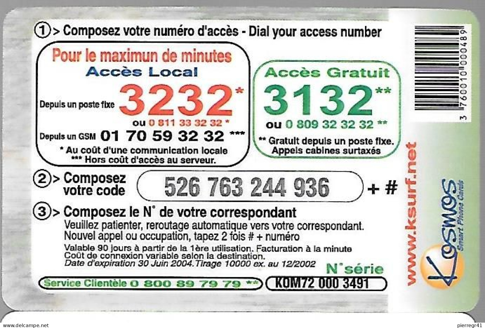 CARTE-PREPAYEE-KOSMOS- 7.5€-KOM-AFRIQUE-LION-10000ex-12/02002-Gratté-T BE-RARE - Jungle