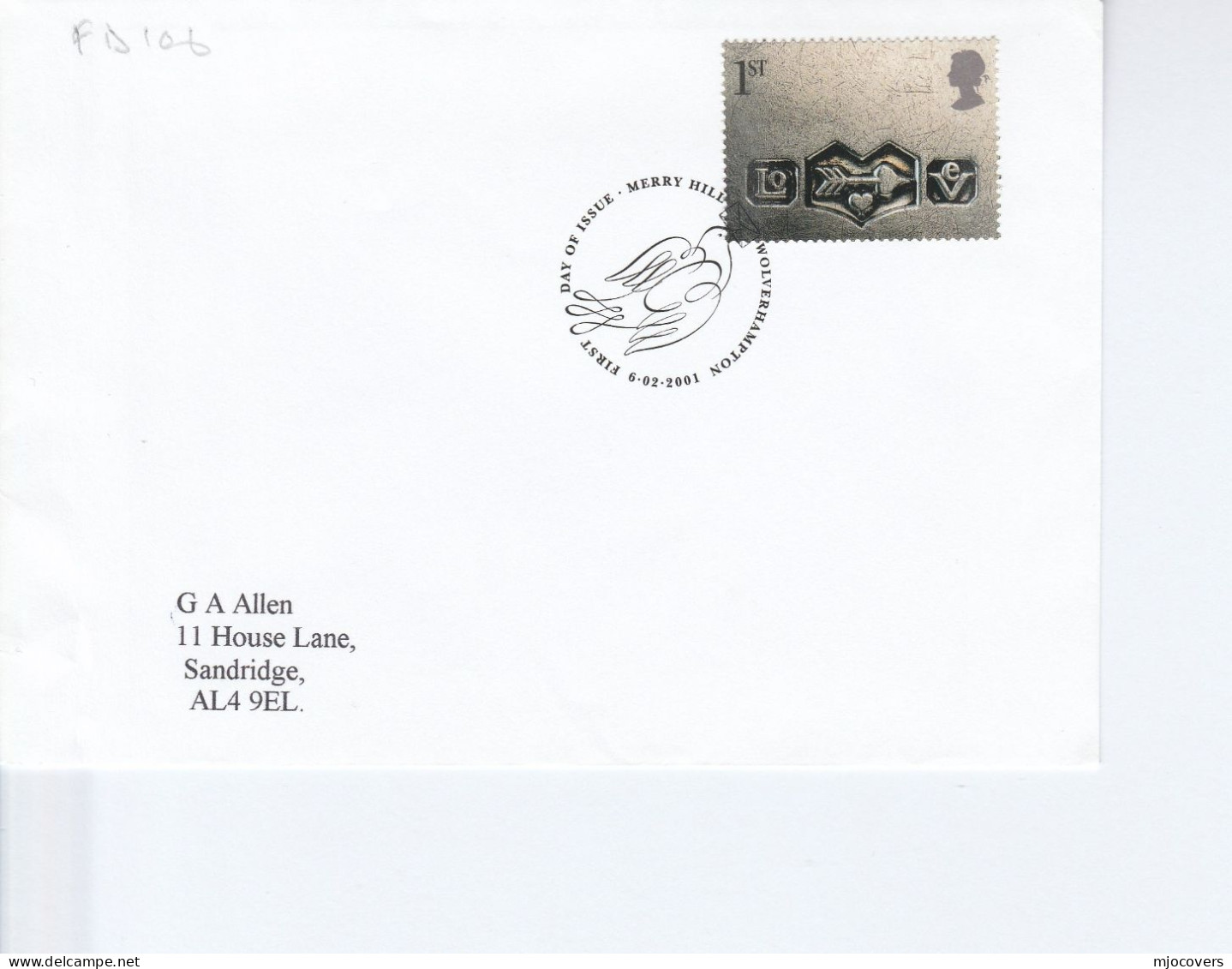 2001 Love ARROW Merry Hill FDC GB Stamps Cover Bird Dove Wolverhampton - Tir à L'Arc