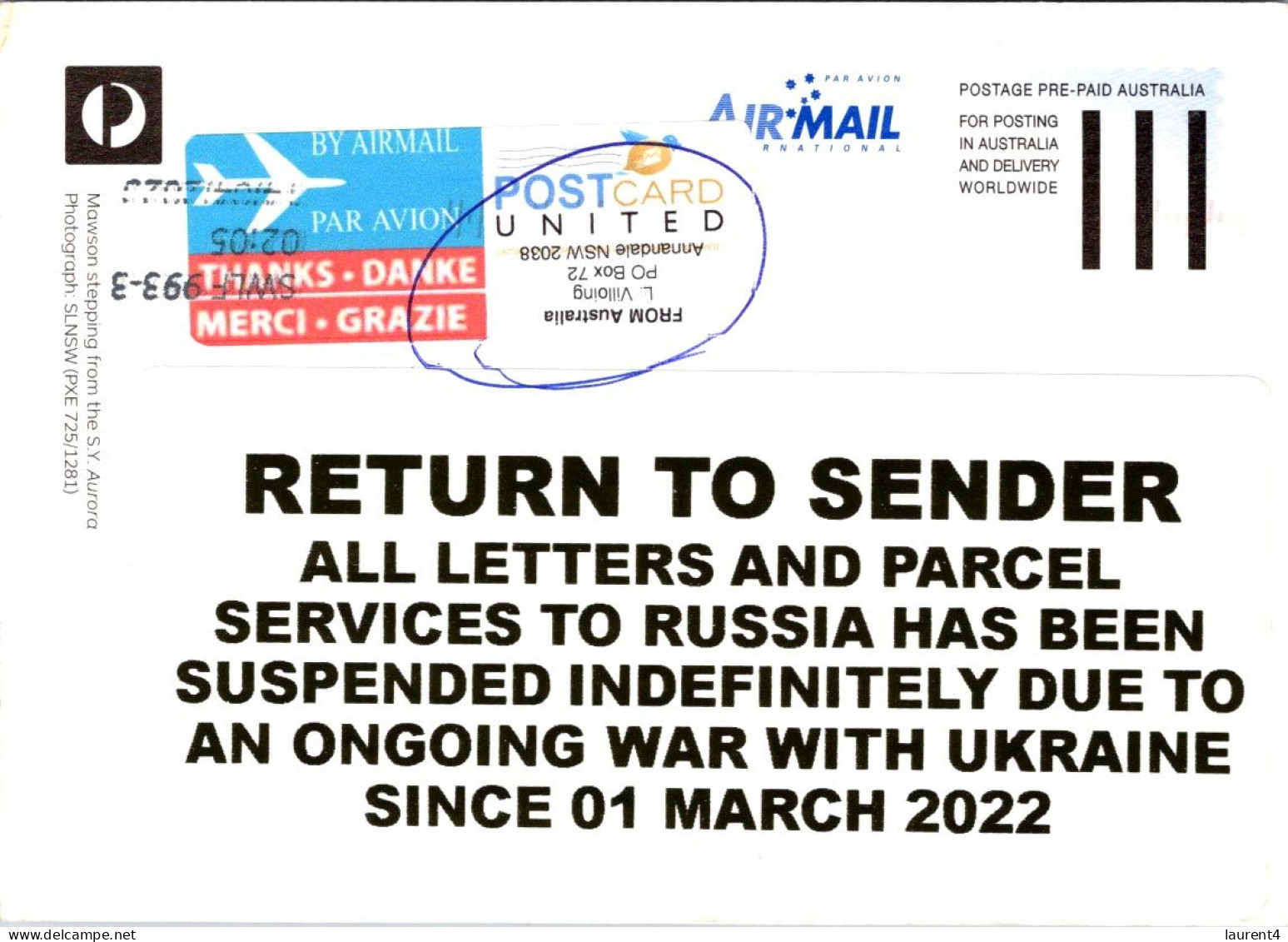 10-9-2023 (4 T 43) AAT Maxicard Posted To Russia (retunred To Australia = No Mail To Russia At This Time0 - Maximum Cards