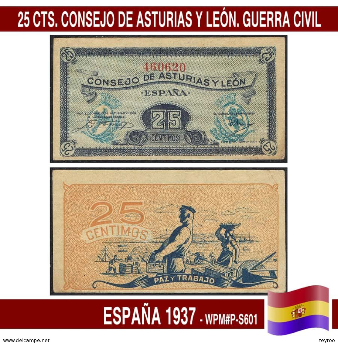 C1212.2# España 1937. 25 Cts. Consejo De Asturias Y León (AU) WPM#P-S601 - 1-2 Pesetas