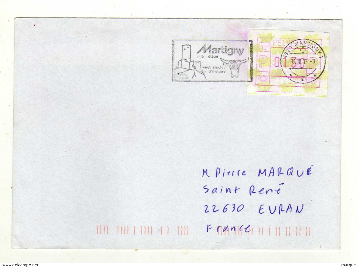 Enveloppe SUISSE HELVETIA Avec Vignette D'Affranchissement 1920 MARTIGNY 1 13/10/2007 - Marcophilie