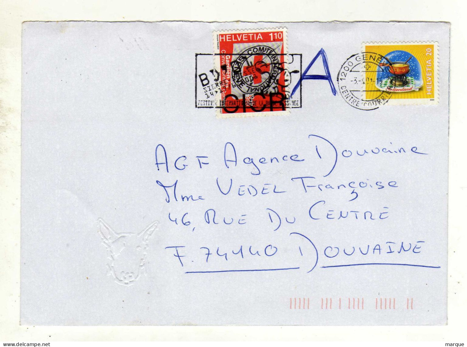 Enveloppe SUISSE HELVETIA Oblitération 1200 GENEVE CENTRE COURRIER 03/04/2001 - Marcophilie