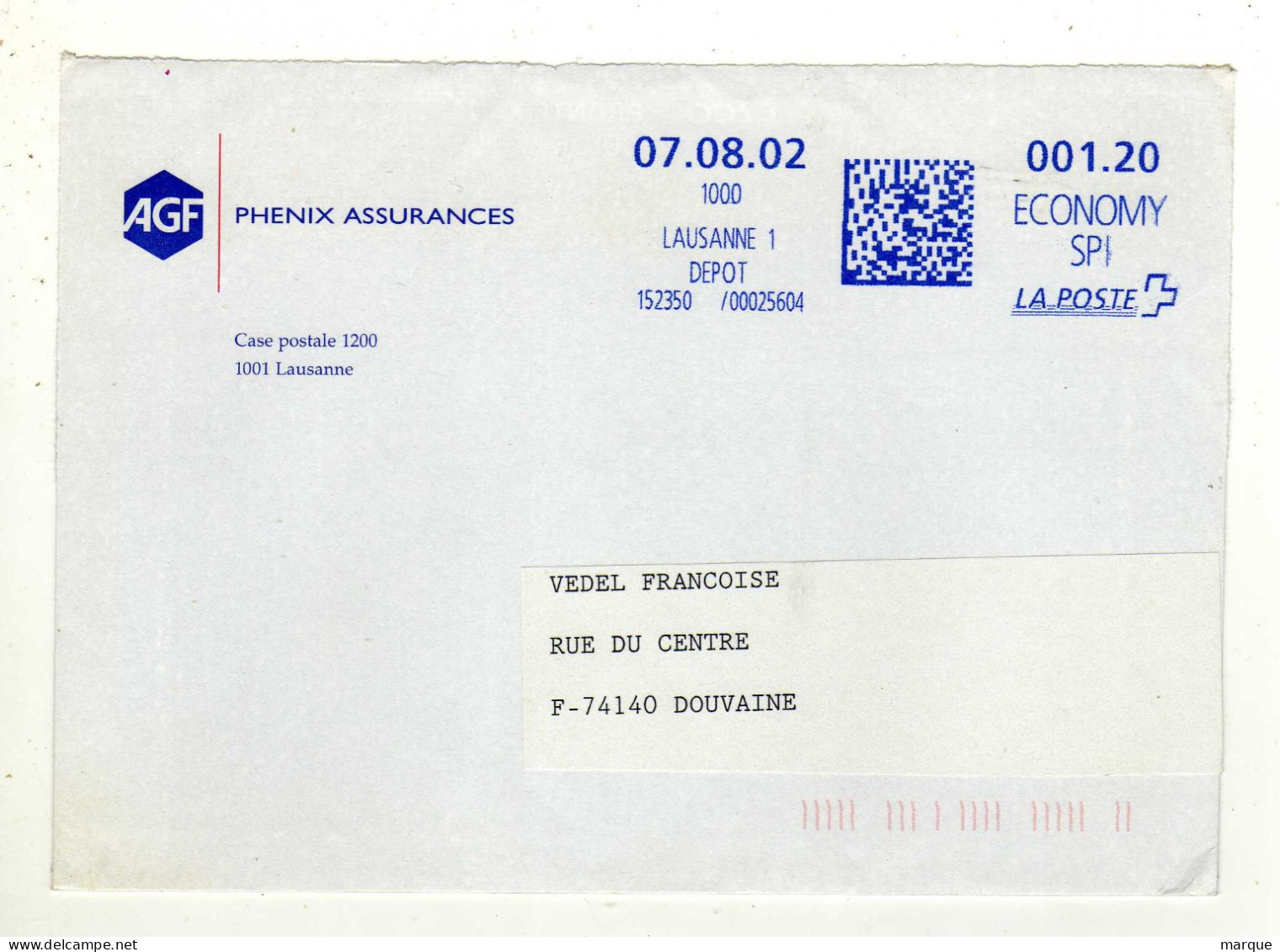 Enveloppe SUISSE HELVETIA Oblitération E.M.A. 1000 LAUSANNE 1 07/08/2002 - Affranchissements Mécaniques
