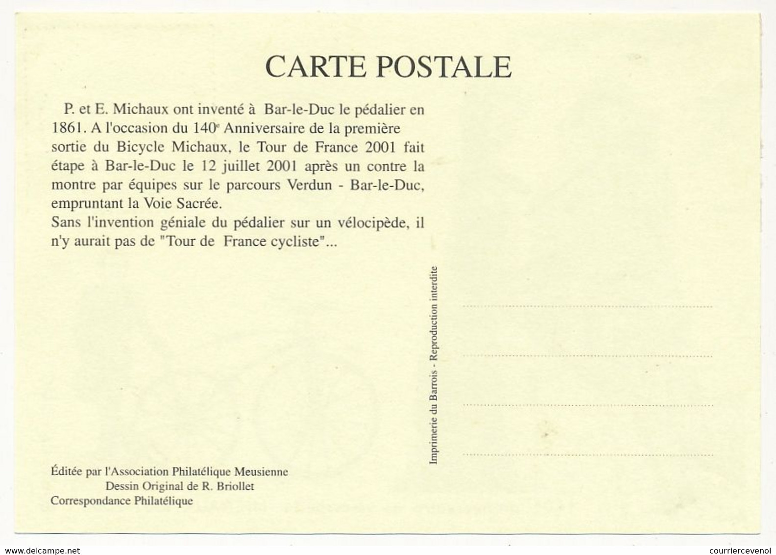FRANCE - CPM Commémorative - Le Tour 2001 En Meuse - Vélocipède Michaux 12/7/2001 - Oblit. Temporaire - Ciclismo