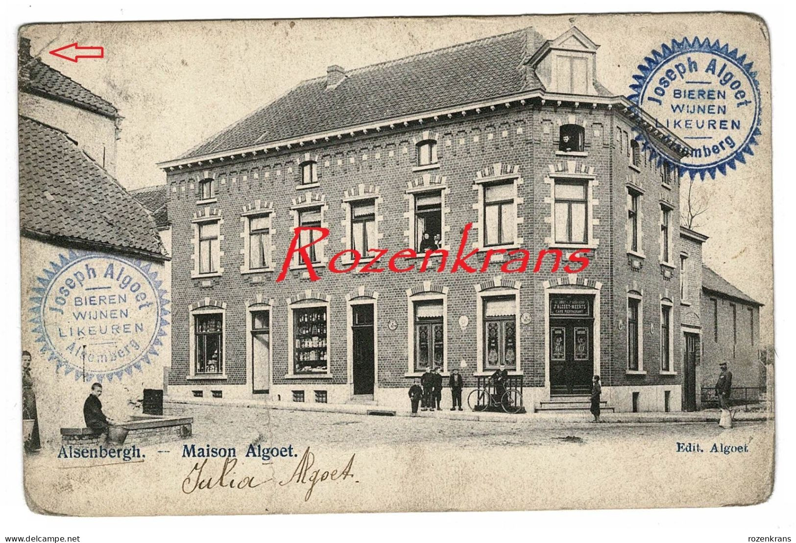 Alsenbergh Alsemberg Maison Algoet Stempel Cachet Joseph Algoet Wijnen Likeuren Bieren CPA Animee Geanimeerd - Beersel