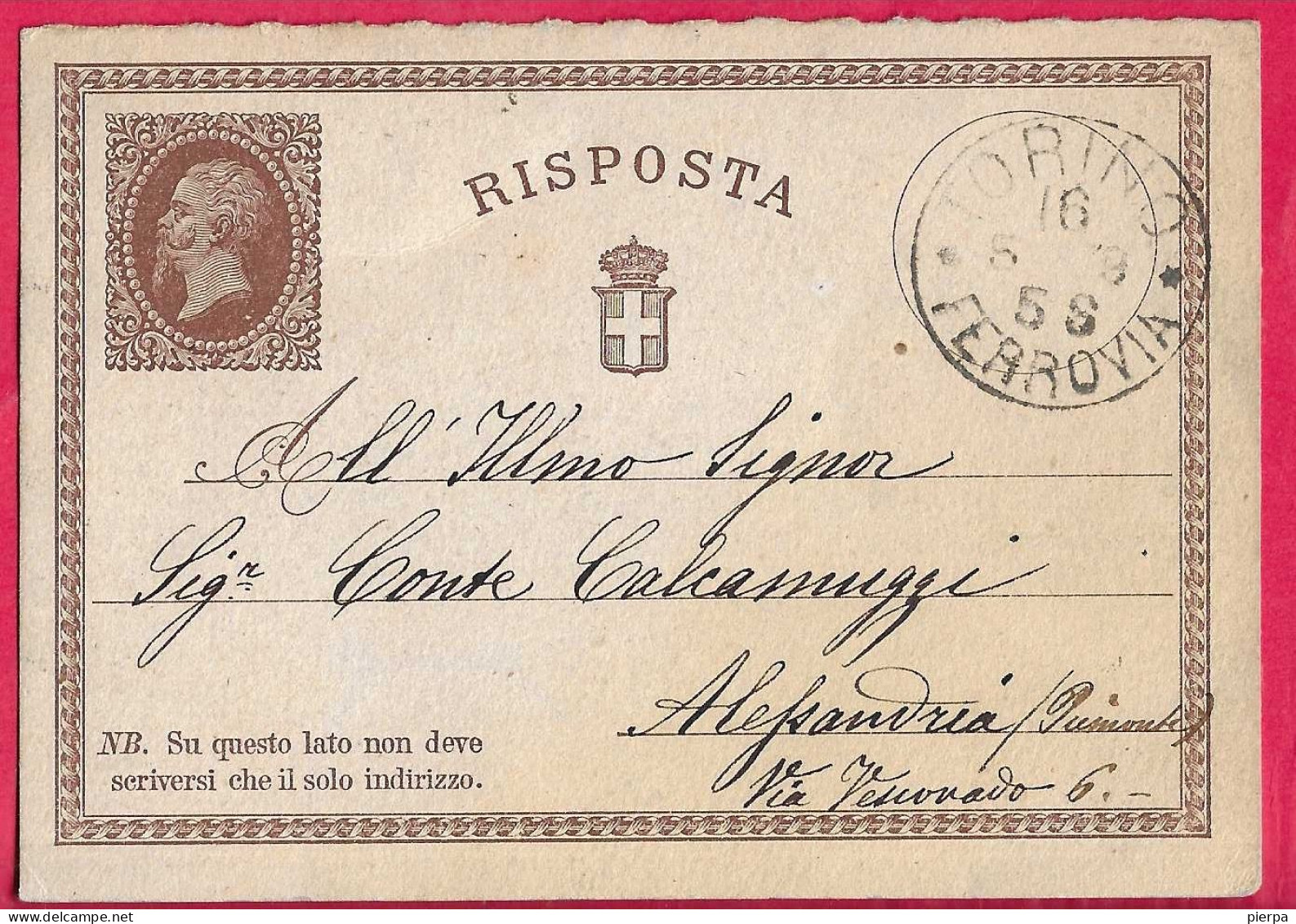 INTERO CARTOLINA POSTALE VITTORIO EMANUELE RISPOSTA (INT. 2 R) DA TORINO *10.5.79* PER ALESSANDRIA - Stamped Stationery