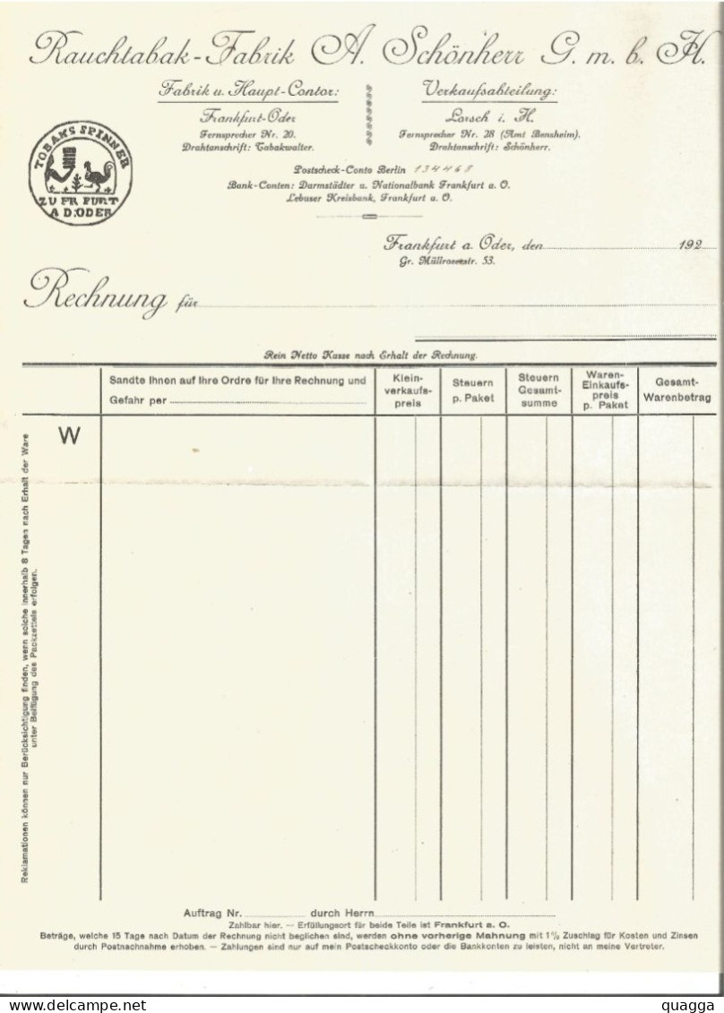 Rauchtabak - Fabrik. Rechnung 1920s. Frankfurt. - Documents