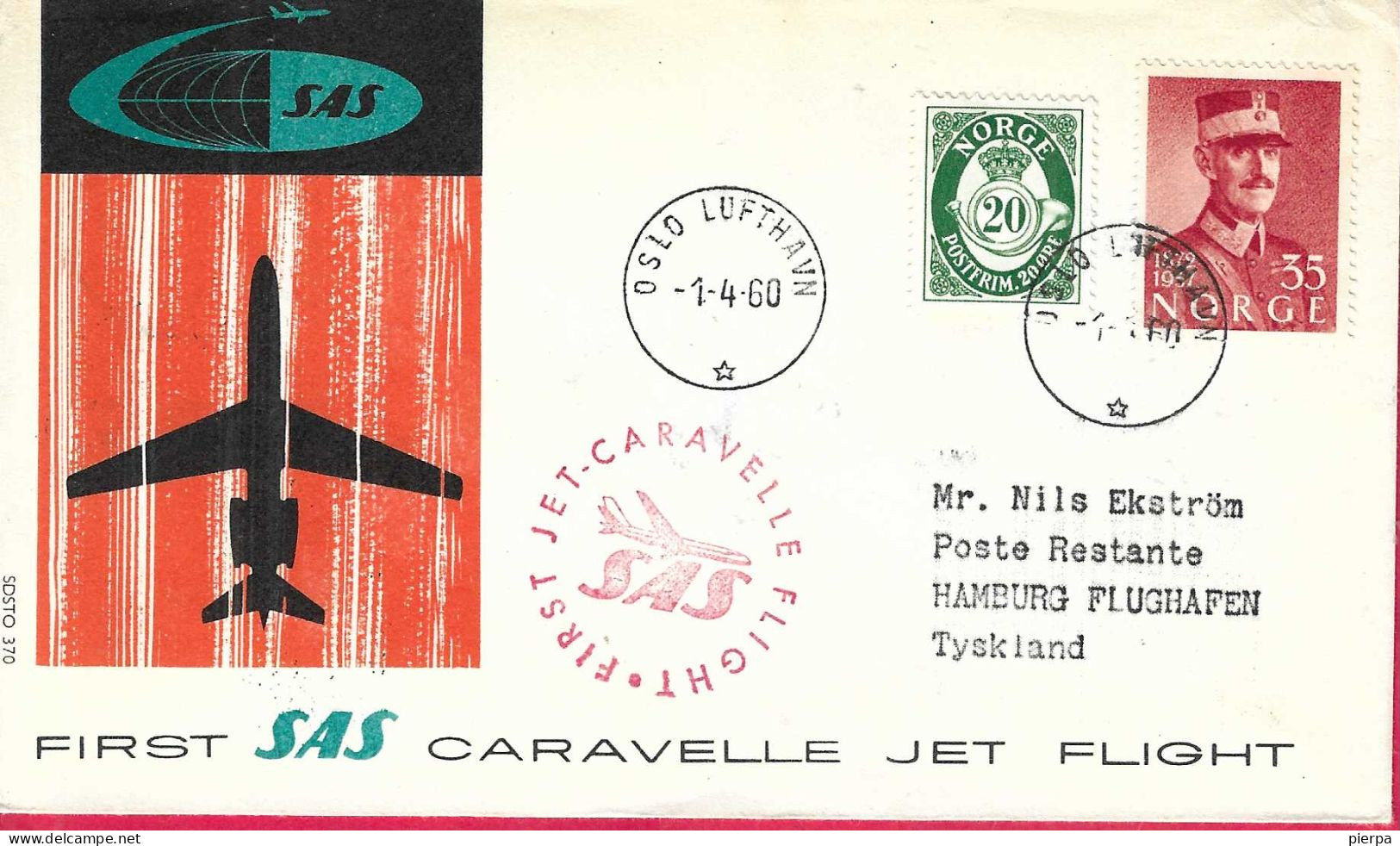 NORGE - FIRST CARAVELLE FLIGHT - SAS - FROM OSLO TO HAMBURG *1.4.60* ON OFFICIAL COVER - Cartas & Documentos