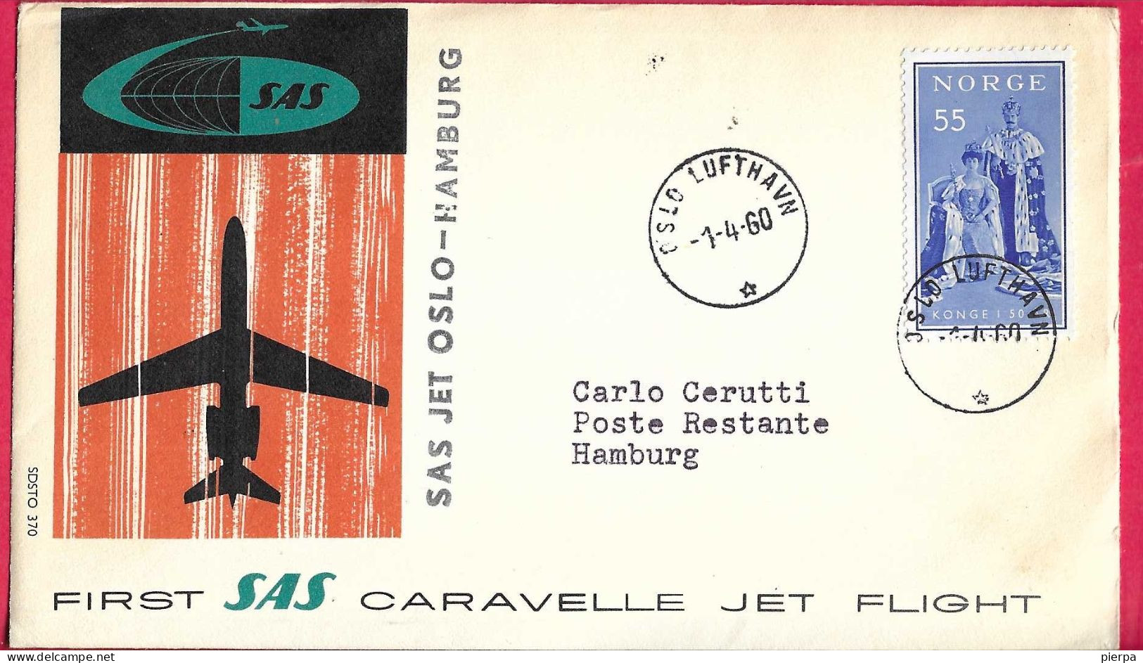 NORGE - FIRST CARAVELLE FLIGHT - SAS - FROM OSLO TO HAMBURG *1.4.60* ON OFFICIAL COVER - Lettres & Documents