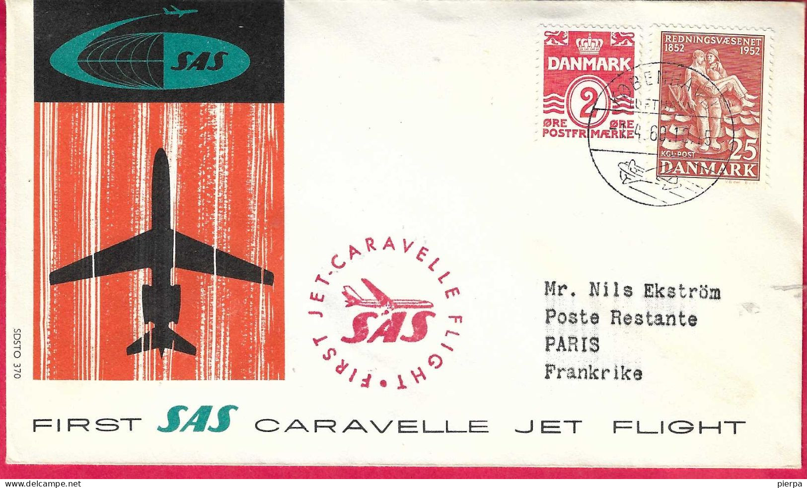 DANMARK - FIRST CARAVELLE FLIGHT - SAS - FROM KOBENHAVN TO PARIS *1.4.60* ON OFFICIAL COVER - Poste Aérienne