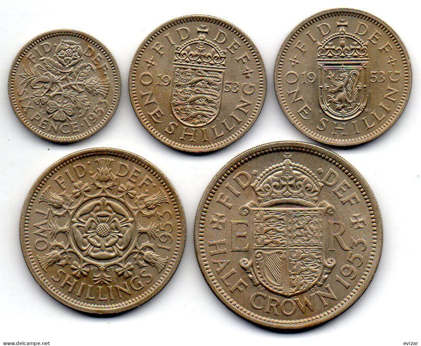 GREAT BRITAIN - Set Of Five 6 Pence, 1, 2 Shillings, 1/2 Crown, Copper-Nickel, Year 1953, KM # 889, 890, 891, 892, 893 - Other & Unclassified