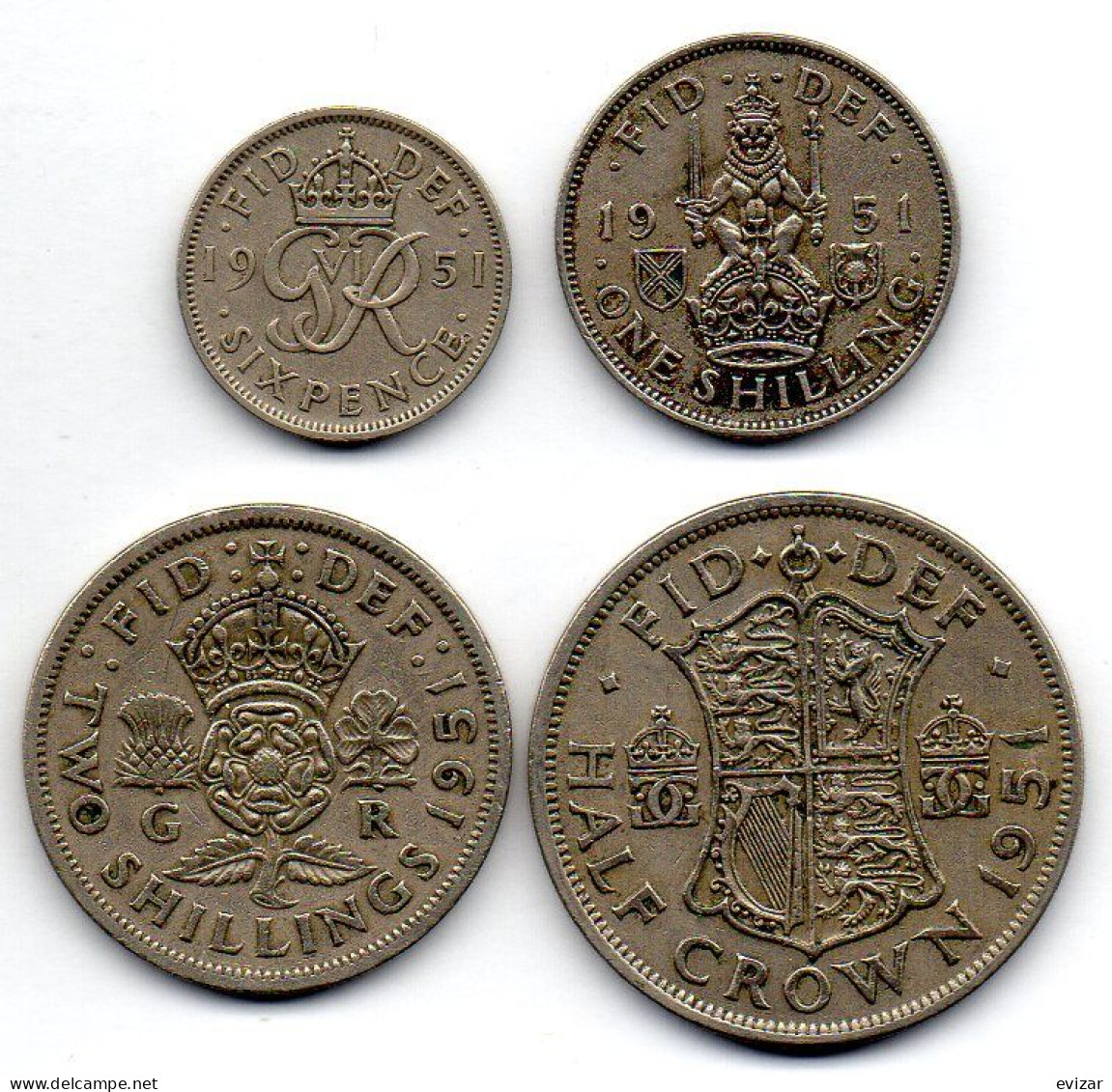 GREAT BRITAIN - Set Of Four 6 Pence, 1, 2 Shillings, 1/2 Crown, Copper-Nickel, Year 1951, KM # 875, 877, 878, 879 - Other & Unclassified