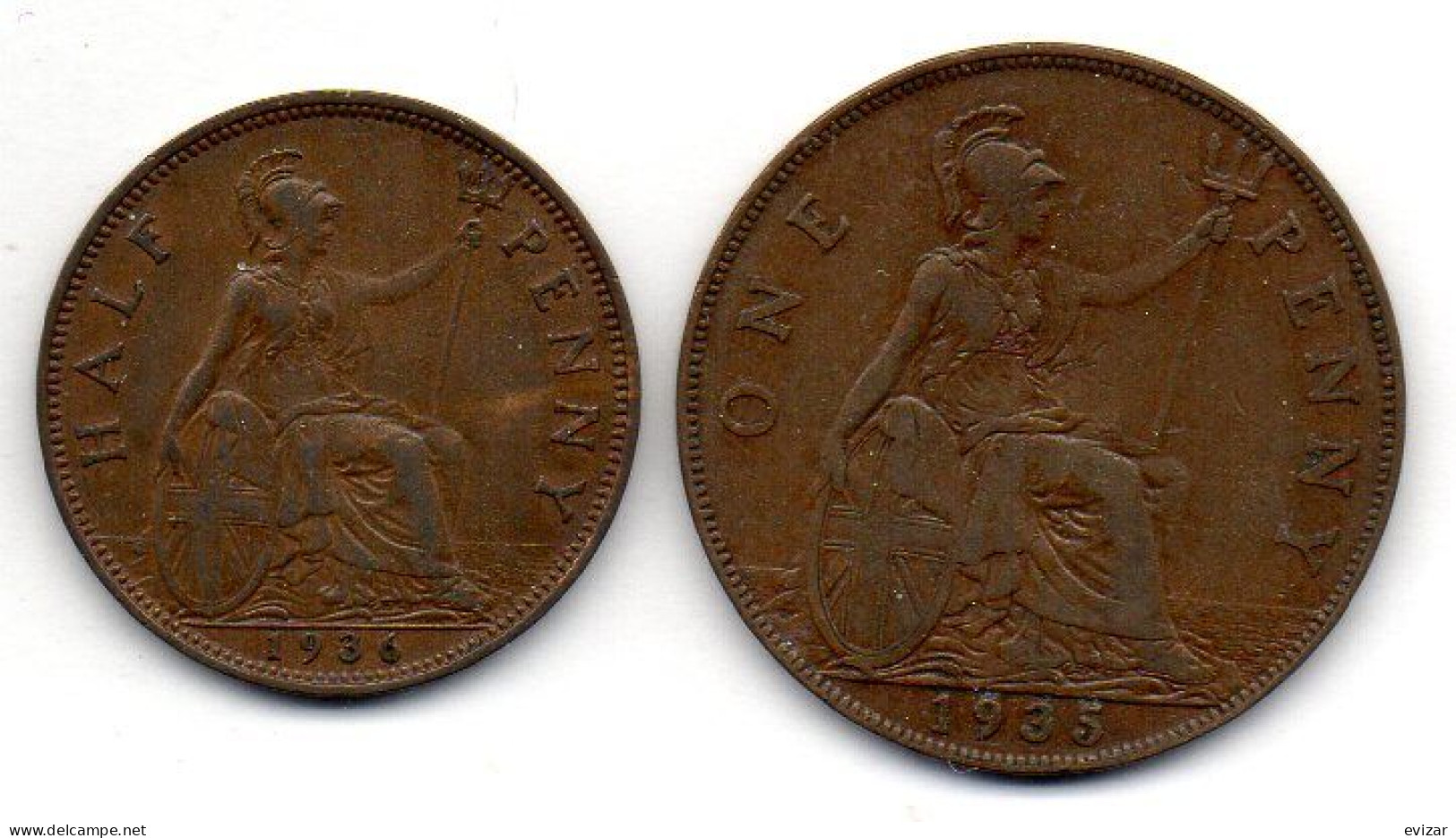 GREAT BRITAIN - Set Of Two Coins 1/2, 1 Penny, Bronze, Year 1936, 1935, KM # 837, 838 - Autres & Non Classés