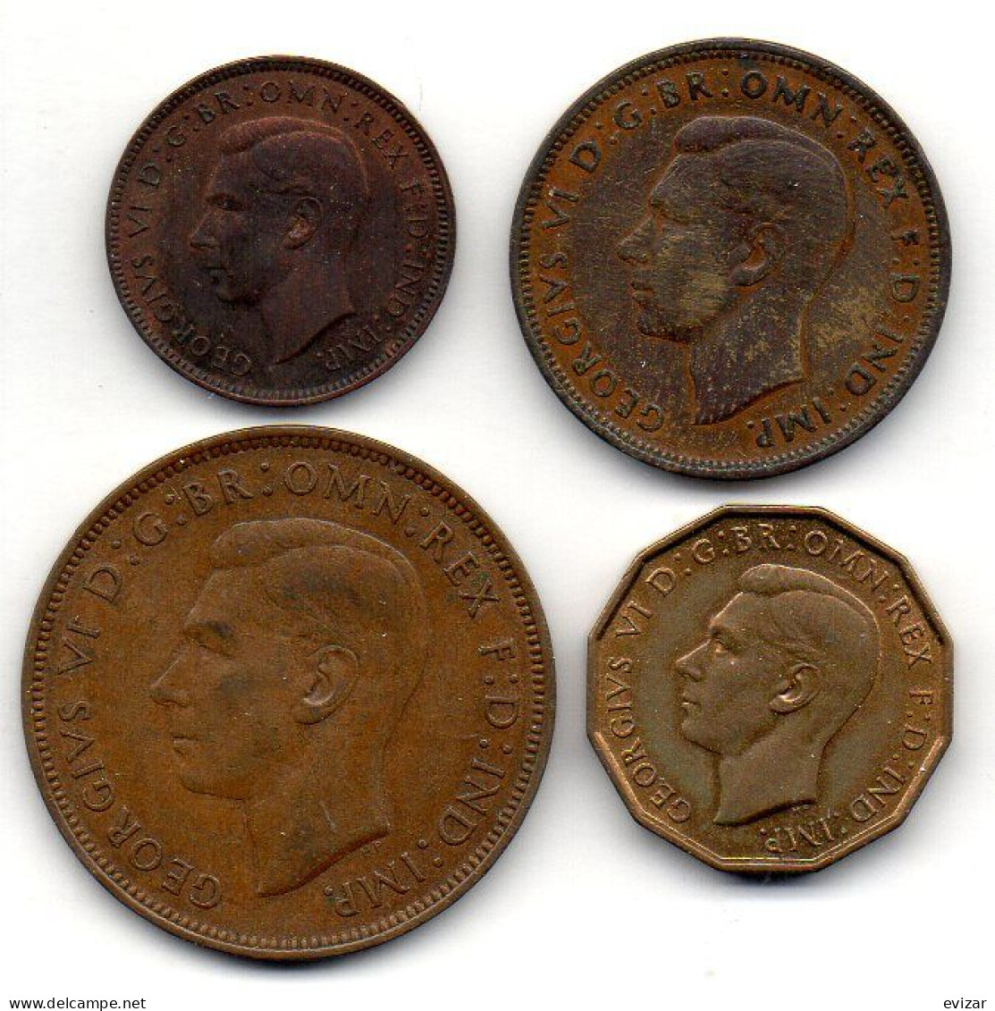 GREAT BRITAIN - Set Of Four Coins 1 Farthing, 1/2, 1, 3 Pence, Bronze,Nickel-Brass, Year 1937-48, KM #843, 844, 845, 849 - Other & Unclassified