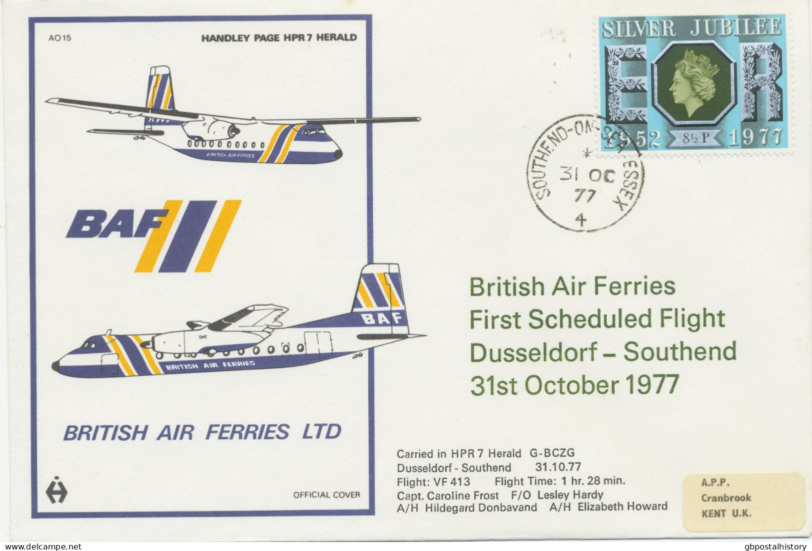 GB 1977 First Flight With British Air Ferries Ltd (BAF - Existed From 1967 To 1993) Via Handley Page HPR7 Herald - Covers & Documents