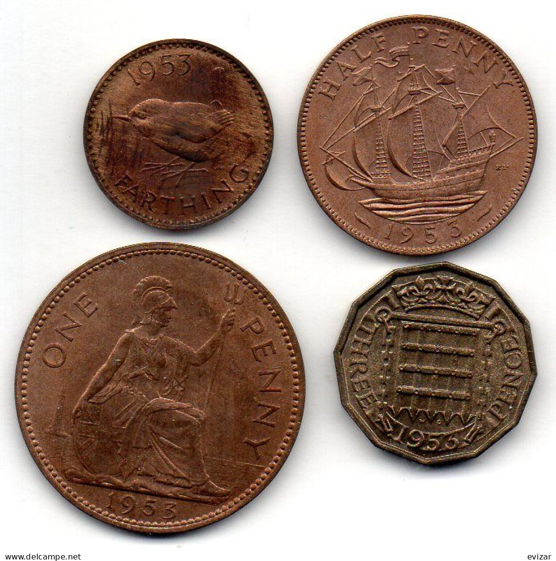 GREAT BRITAIN - Set Of Four Coins 1 Farthing, 1/2, 1, 3 Pence, Bronze,Nickel-Brass, Year 1953, KM # 881, 882, 883, 886 - Otros & Sin Clasificación