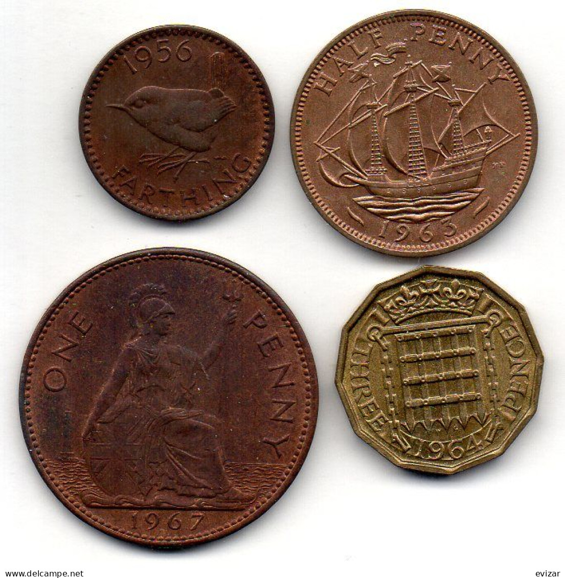 GREAT BRITAIN - Set Of Four Coins 1 Farthing, 1/2, 1, 3 Pence, Bronze,Nickel-Brass, Year 1956-67, KM #895, 896, 897, 900 - Other & Unclassified