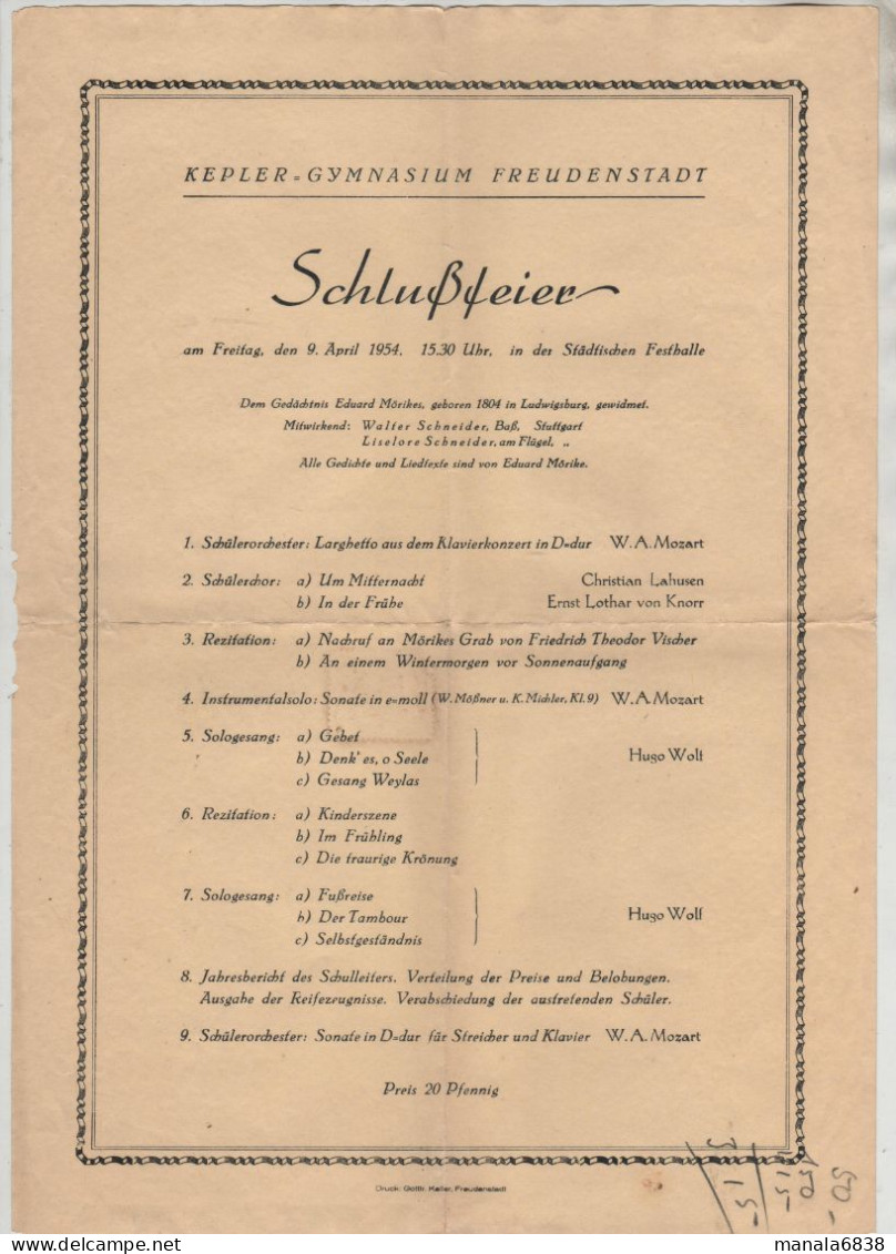 Kepler Gymnasium Freudenstadt Schlussfeier 1954 Morike Schneider - Non Classés