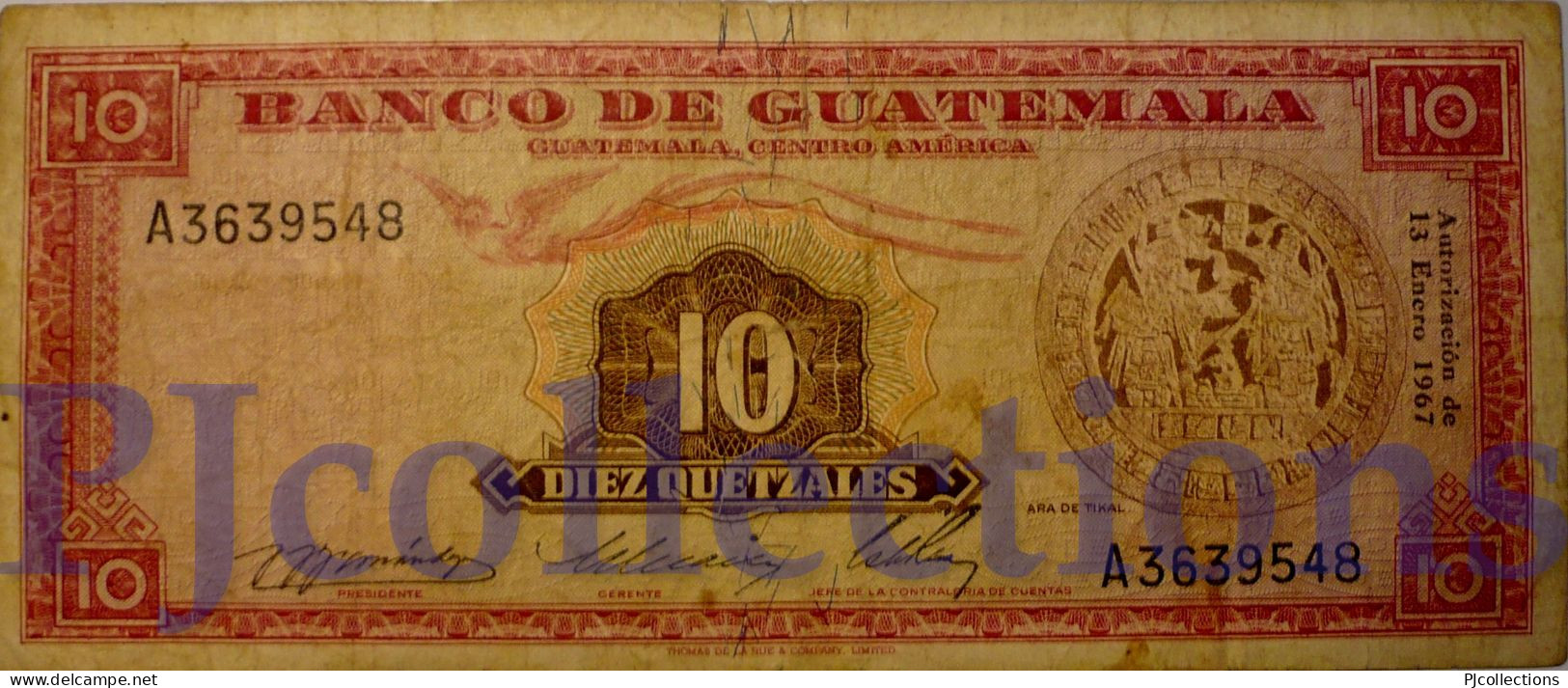 GUATEMALA 10 QUETZAL 1967 PICK 54c F/VF RARE W/PIN HOLES - Guatemala