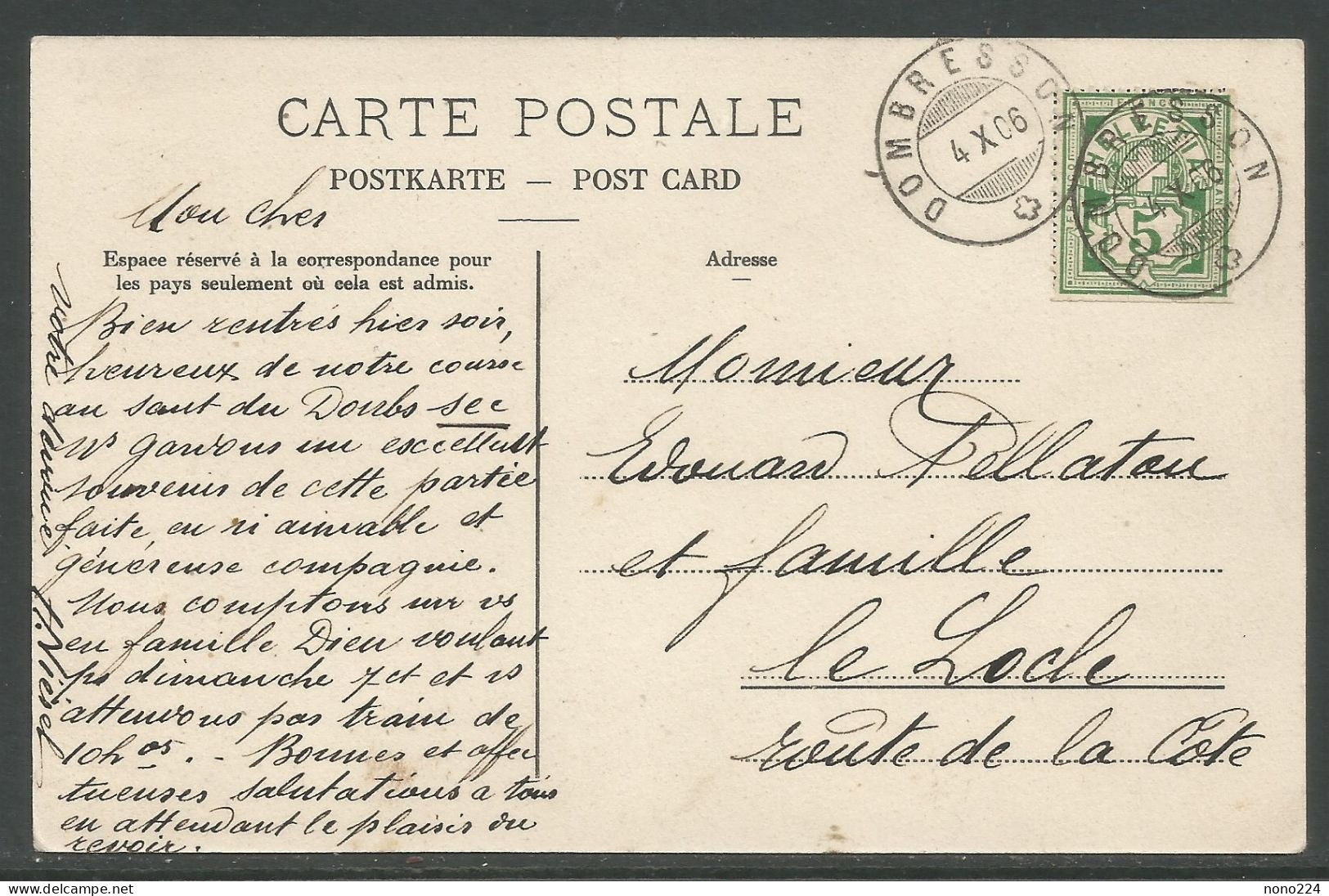 Carte P De 1906 ( Dombresson / Hôtel De L'Aigle ) - Dombresson 