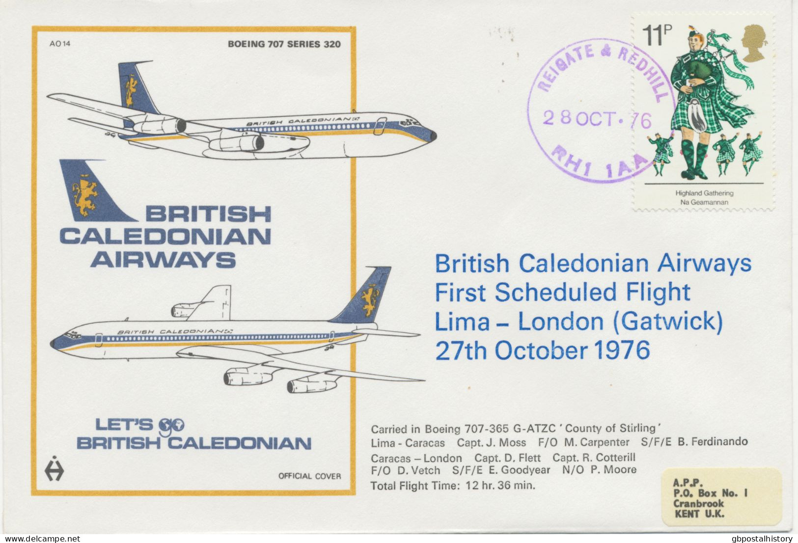 GB 1976 First Flight British Caledonian Airways (BCAL - Existed From 1970 To 1988) W. Boeing 707-365 LIMA, Peru - LONDON - Covers & Documents