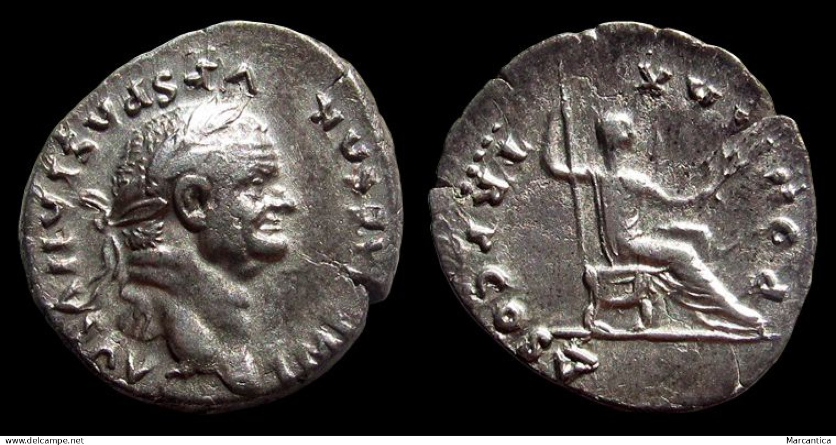 AR Denarius Of Vespasian 69-79 AD., PON MAX TRP COS V - Vespasian As Pontif Maximus, Extremely Fine, RIC II 702 - The Flavians (69 AD Tot 96 AD)