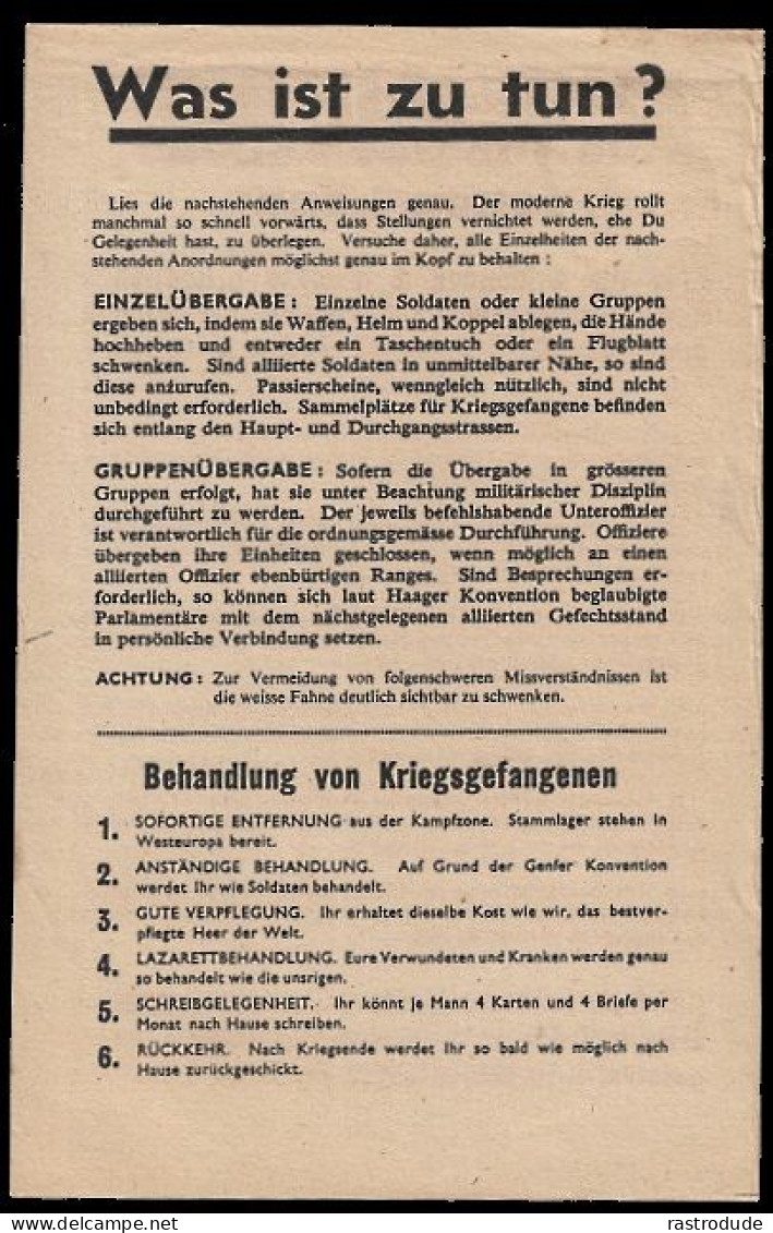 1944-45 ALLIED PROPAGANDA LEAFLET - EINE MINUTE DIE DIR DAS LEBEN RETTEN KANN ONE MINUTE THAT CAN SAVE YOUR LIFE ZG.84 K - Documenti