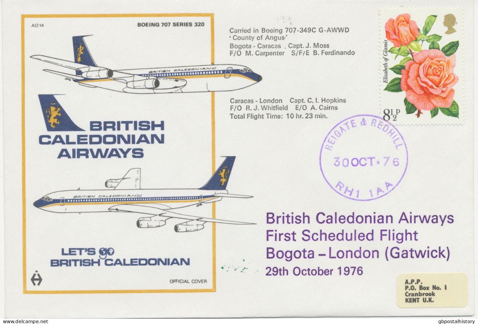 GB 1976 First Flight British Caledonian Airways (BCAL - Existed From 1970 To 1988) With Boeing 707-349C BOGOTA - LONDON - Cartas & Documentos