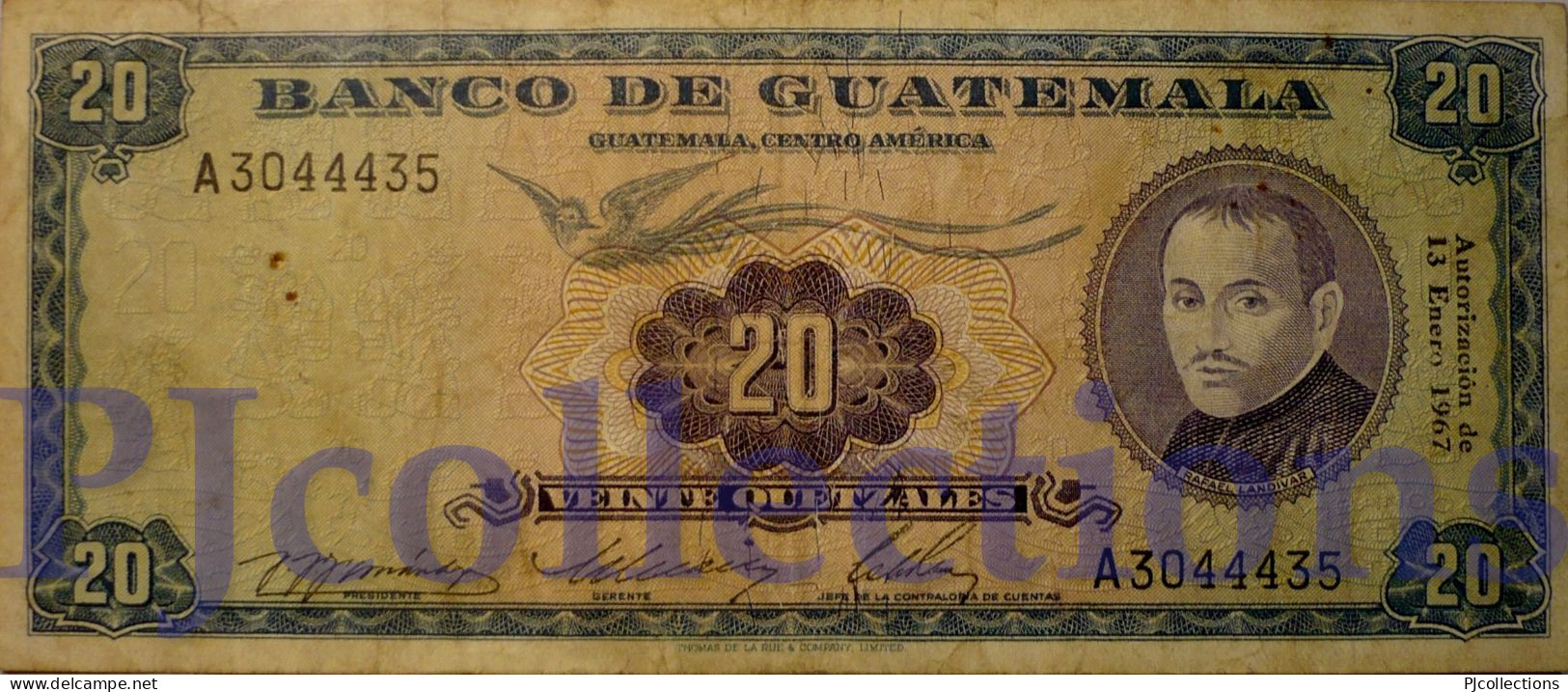 GUATEMALA 20 QUETZAL 1967 PICK 55c VF RARE W/PIN HOLES - Guatemala