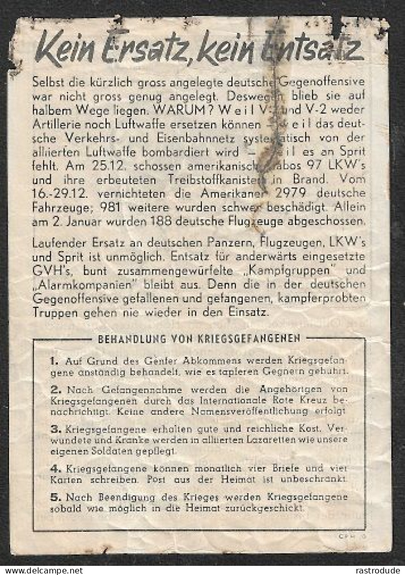 1944-45 ALLIED PROPAGANDA LEAFLET - KEIN ERSATZ, KEIN ENTSATZ - NO REPLACEMENTS - NO RELIEF - Documents