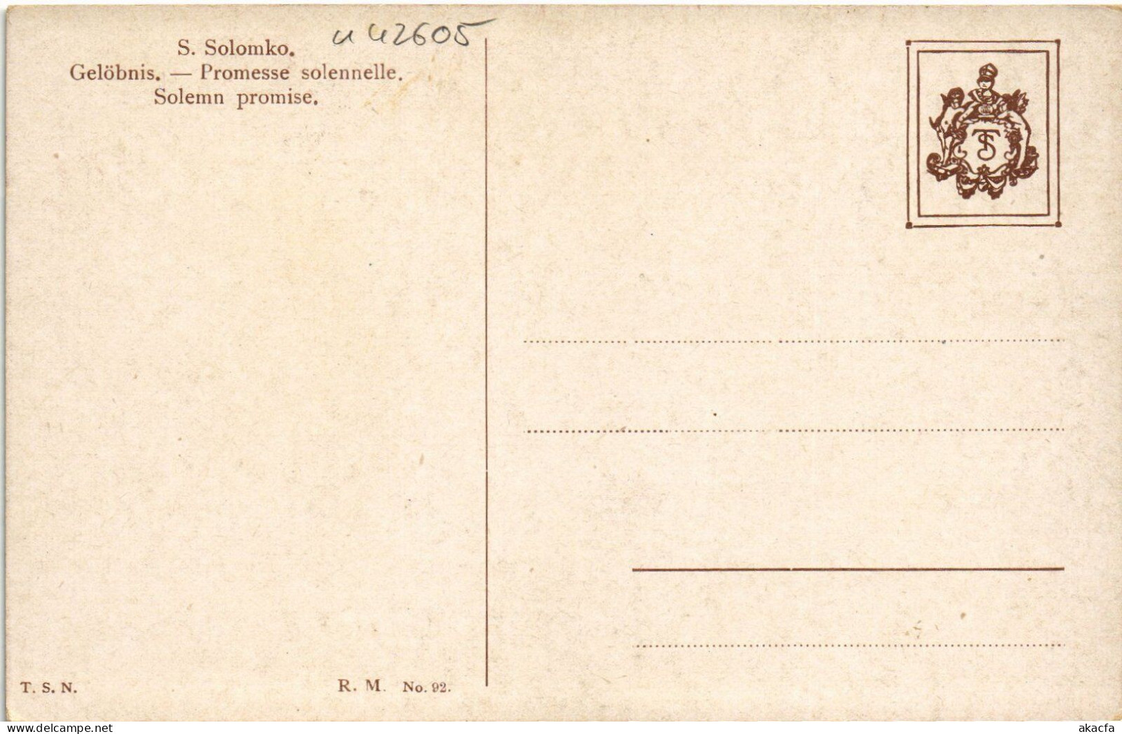 PC RUSSIA ART S. SOLOMKO SOLEMN PROMISE ART NOUVEAU ARTIST SIGNED (a42605) - Solomko, S.