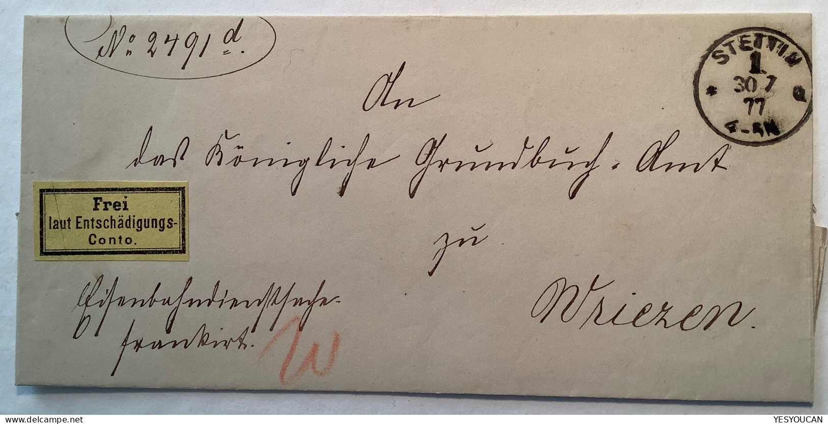 1874Dienstmarken Mi.I ABART,Brief STETTIN,FREI LAUT ENTSCHÄDIGUNGS-CONTO Eisenbahn Marke(train Brustschild DR BPP Poland - Briefe U. Dokumente