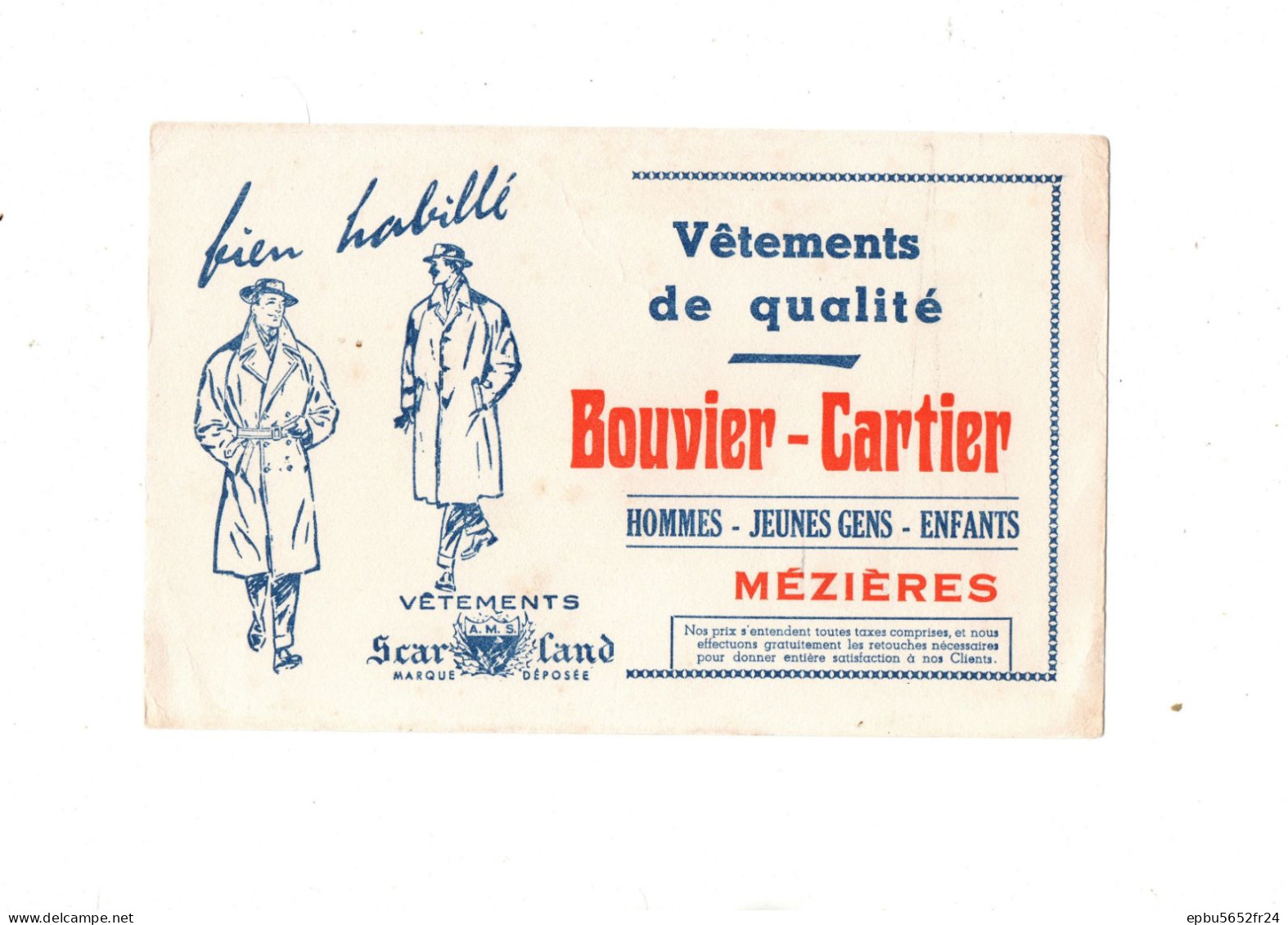Buvard  Bouvier_Cartier Vêtements De Qualité Pour Hommes ,  Jeunes Gens Et Enfants - Textile & Vestimentaire