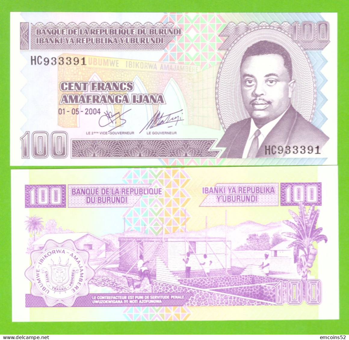 BURUNDI 100 FRANCS 2004 P-37d  UNC - Burundi