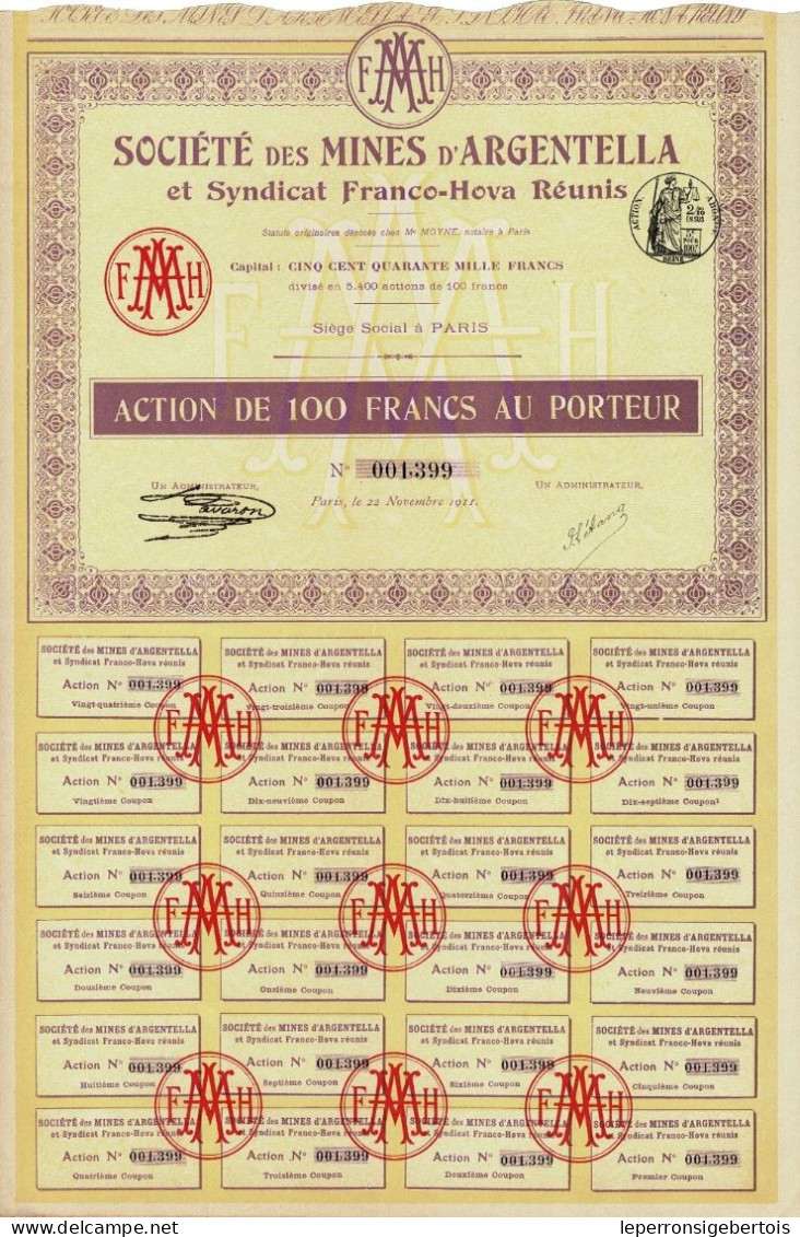 Titre De 1911 - Société Des Mines D'Argentella (Corse) Et Syndicat France-Hova Réunis - Mines