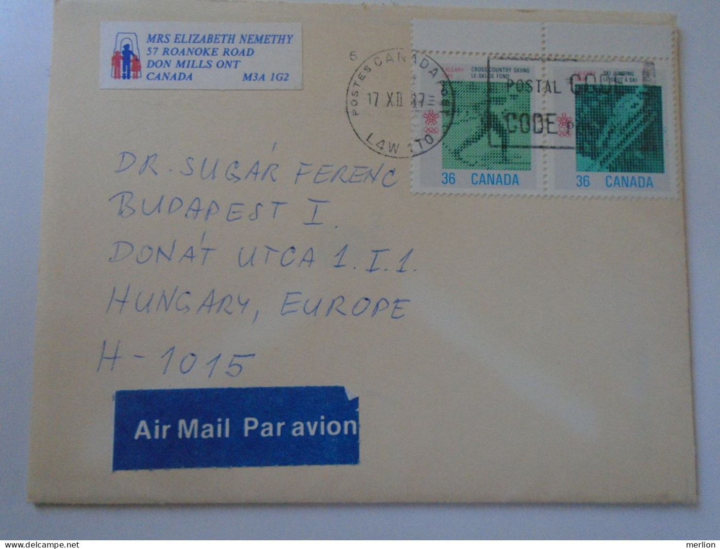 D197984  Canada  Airmail Cover  1987 Don Mills Ontario     Sent To Hungary    Budapest -stamp Skiing Ski Jump - Cartas & Documentos