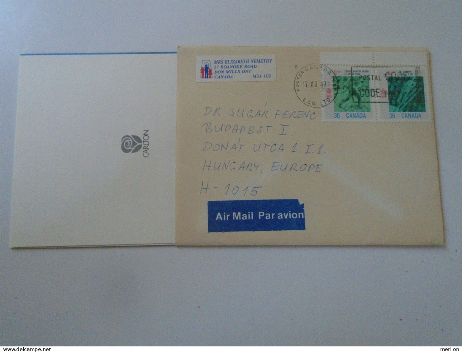 D197984  Canada  Airmail Cover  1987 Don Mills Ontario     Sent To Hungary    Budapest -stamp Skiing Ski Jump - Storia Postale