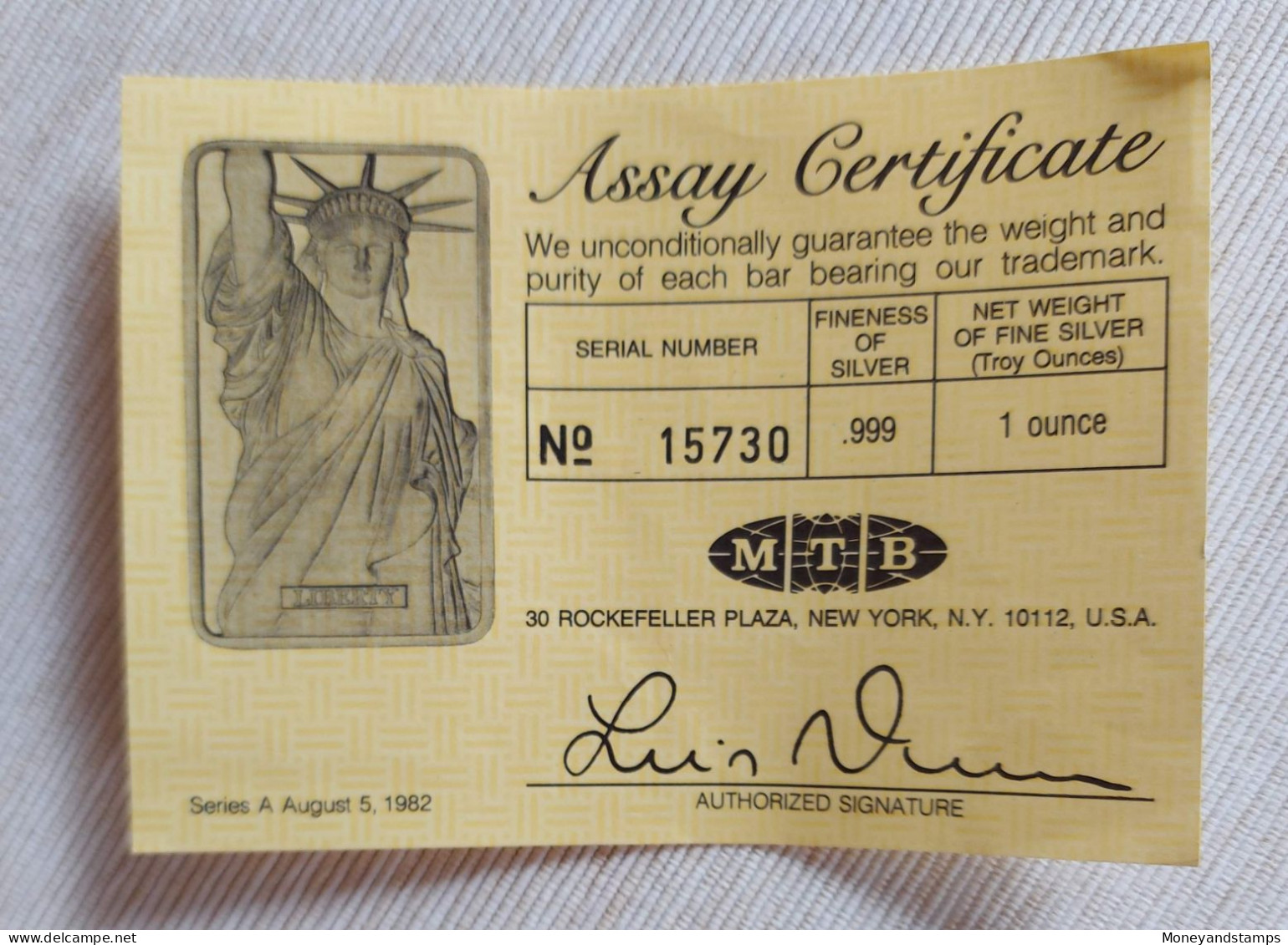 USA 1982 - 1 Troy Ounce - Silver Bullion Liberty  ‘MTB’ - COA Nr 15730 - Collections