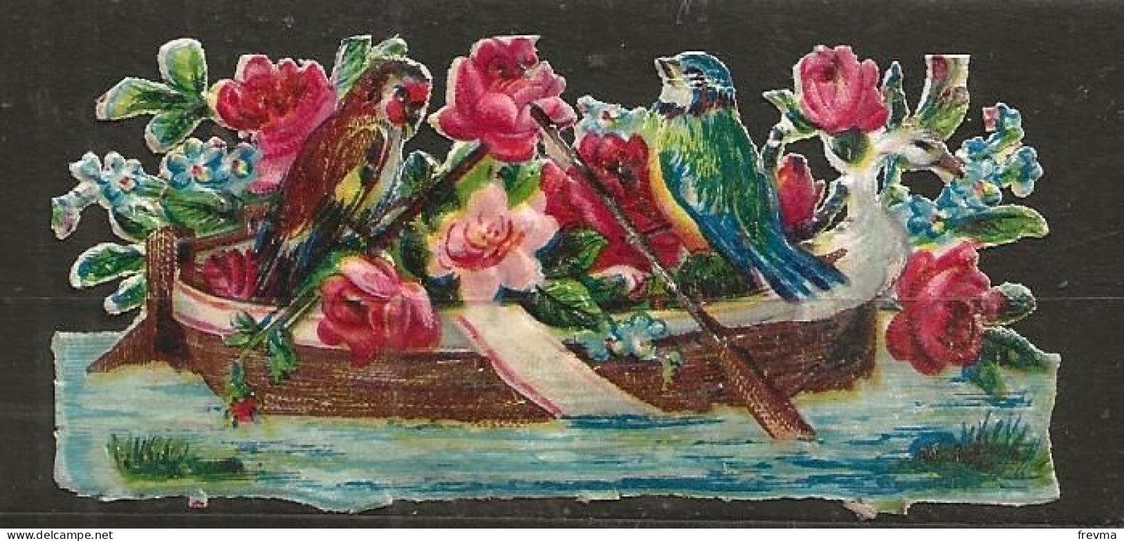 Découpis Gaufrée Fleur Oiseaux Posés Sur Une Barque Année 1900 - Fiori