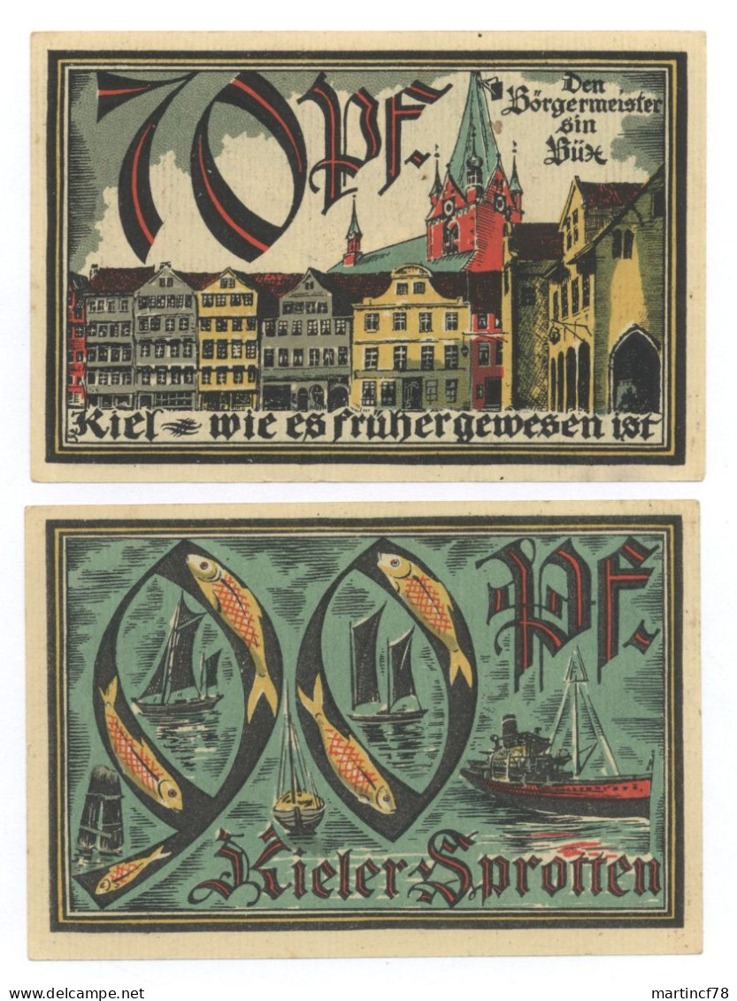 2x Notgeld Gutschein Serie Kiel 1921 70 + 90 Pf. Kieler Wissenschaft Kiel Wie Es Früher Gewesen Ist Kieler Sprotten - Colecciones