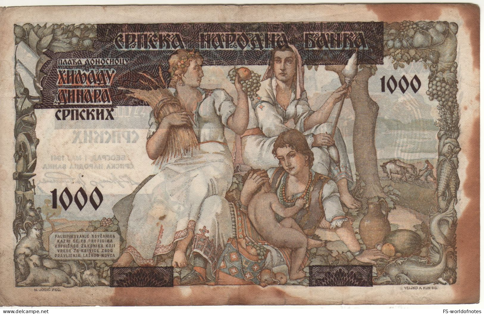 SERBIA   1'000   Srpskih Dinar P23     Dated   01.11.1941   " Allegorical Women Front & Back " - Serbie