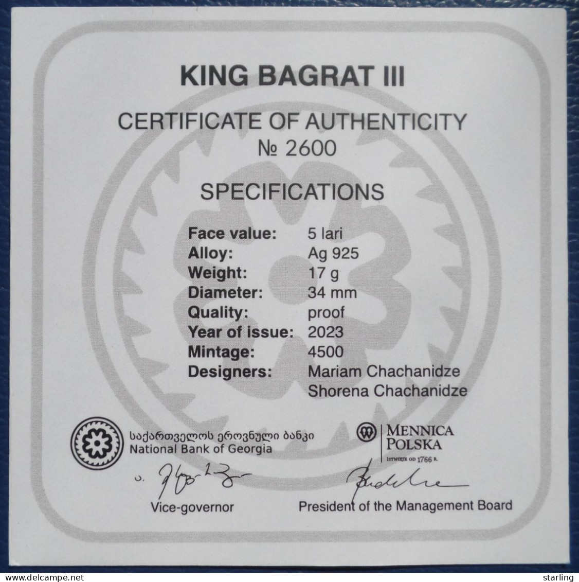 Georgia 2023 Kings Parnavaz I & Bagrat III 5 Lari Coin Silver Proof   see description please