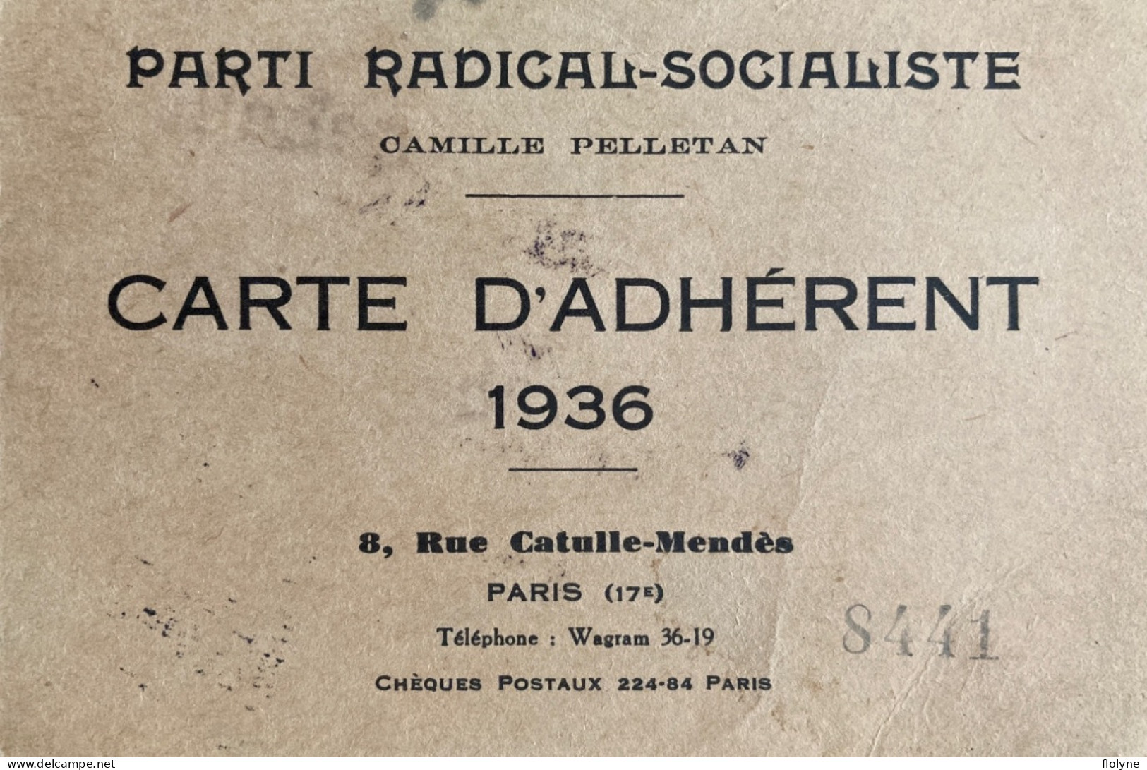 Politique - PARTI RADICAL SOCIALISTE - Camille Pelletan - Carte D’adhérent 1936 , Fédération De La Rochelle - Political Parties & Elections