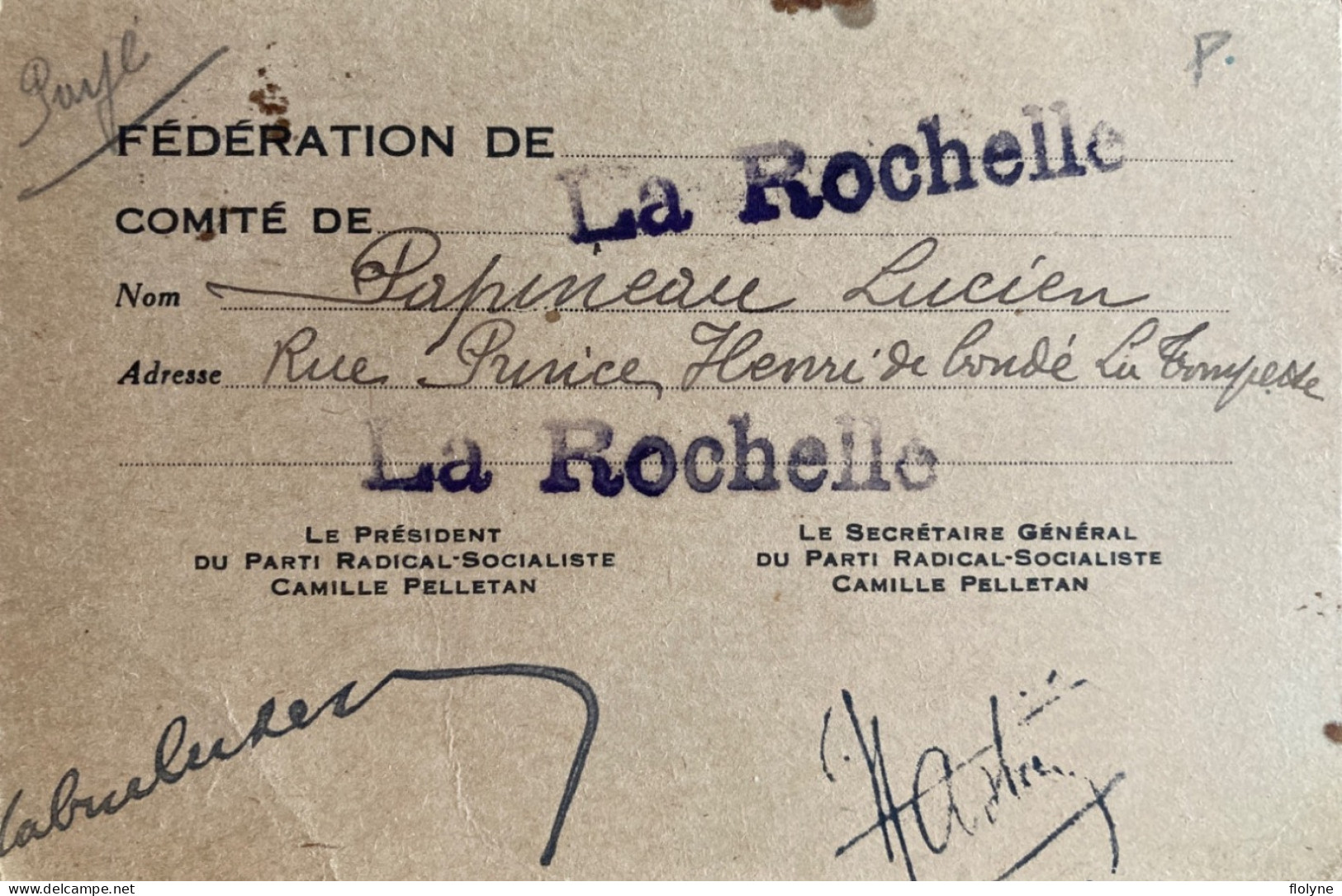 Politique - PARTI RADICAL SOCIALISTE - Camille Pelletan - Carte D’adhérent 1936 , Fédération De La Rochelle - Parteien & Wahlen