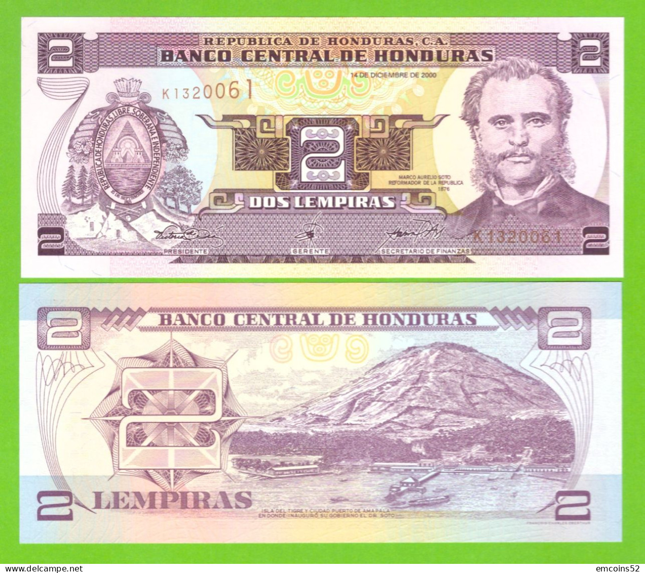 HONDURAS 2 LEMPIRAS 2000 P-80Ab  UNC - Honduras