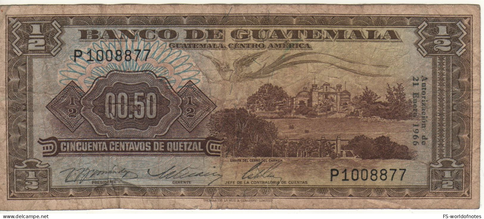 GUATEMALA  50 Centavos  P51c   Dated 21.01.1966  (Cerro Del Carmen Heritage + Men From Chichicastenango At Back ) - Guatemala