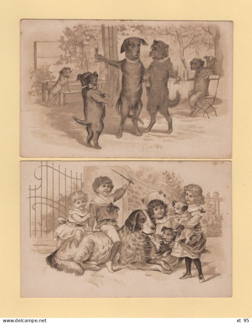 Illustrateur - Lot De 2 Cartes Gaufrees - Animaux Humanises - Chiens Chats Enfants - 1900-1949