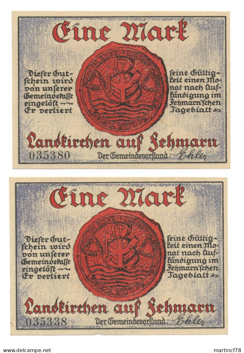 2x Notgeld Landkirchen Auf Fehmarn Eine Mark Landeskrone Der Landesblock - Collections