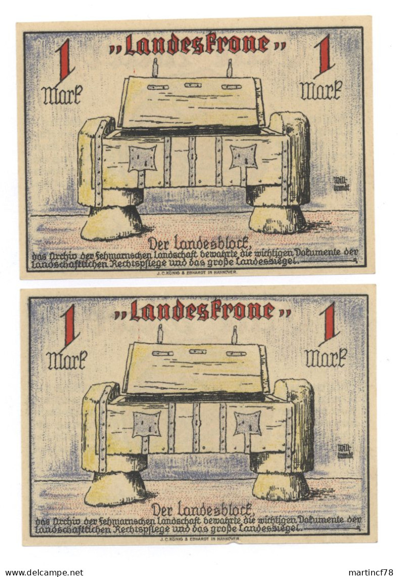 2x Notgeld Landkirchen Auf Fehmarn Eine Mark Landeskrone Der Landesblock - Colecciones